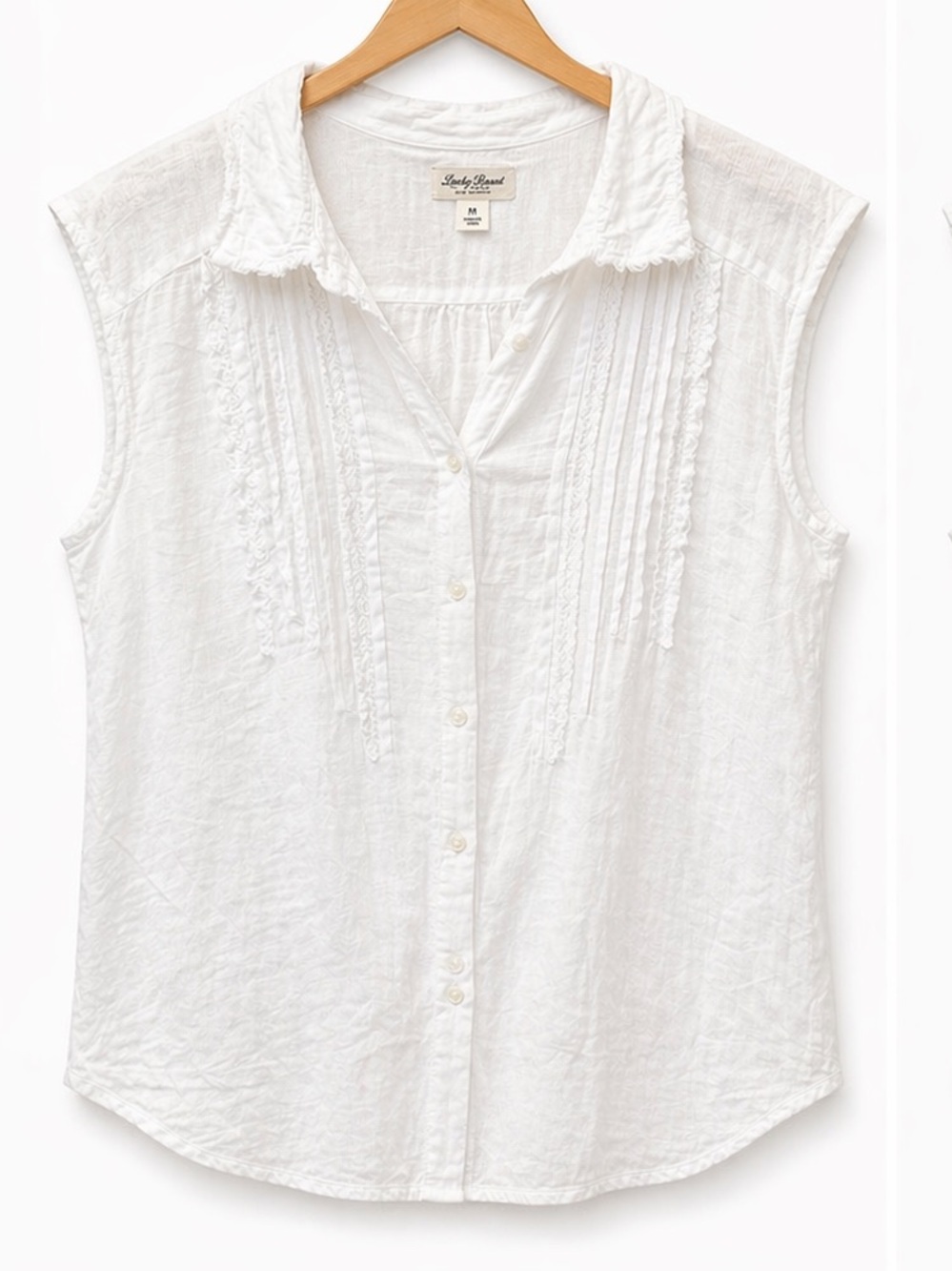 Lucky Brand White Sleeveless Button-Front Linen Top with Pintuck Detail | Size M